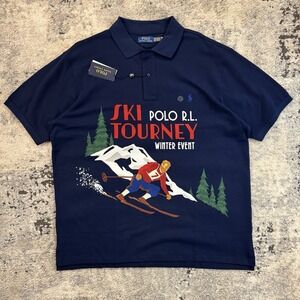 NWT Polo Ralph Lauren SKI Tourney Print Mesh Knit Collared Polo Shirt Navy 2XB
